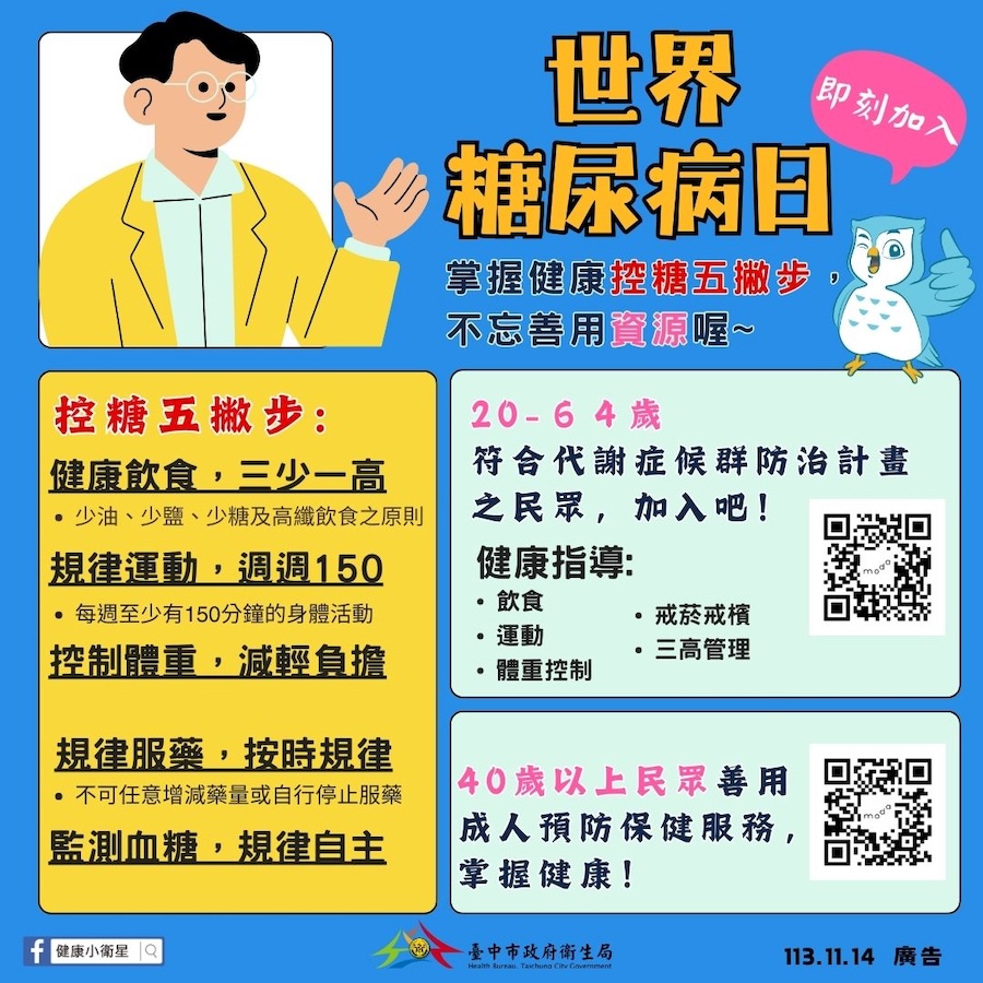 響應11/14世界糖尿病日 中市衛生局呼籲市民做好健康管理遠離慢性病