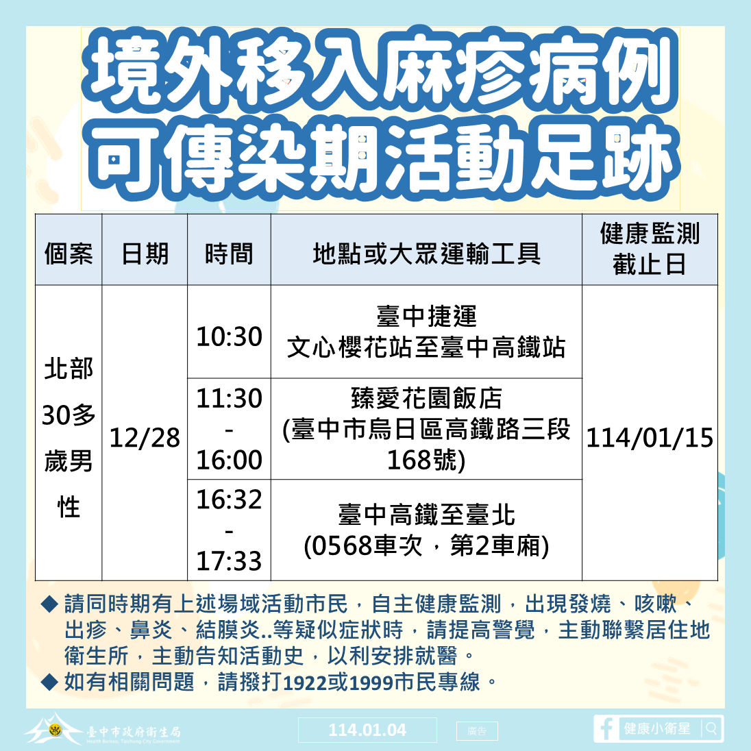 北部麻疹境外移入病例曾到台中 中市衛生局公佈足跡籲市民提高警覺