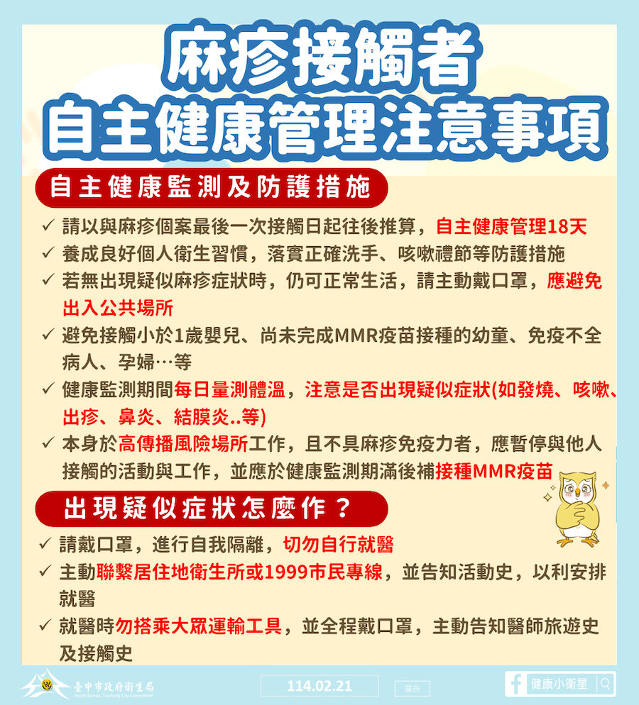 中市出現境外移入麻疹確診個案  衛生局籲民做好自我健康防護